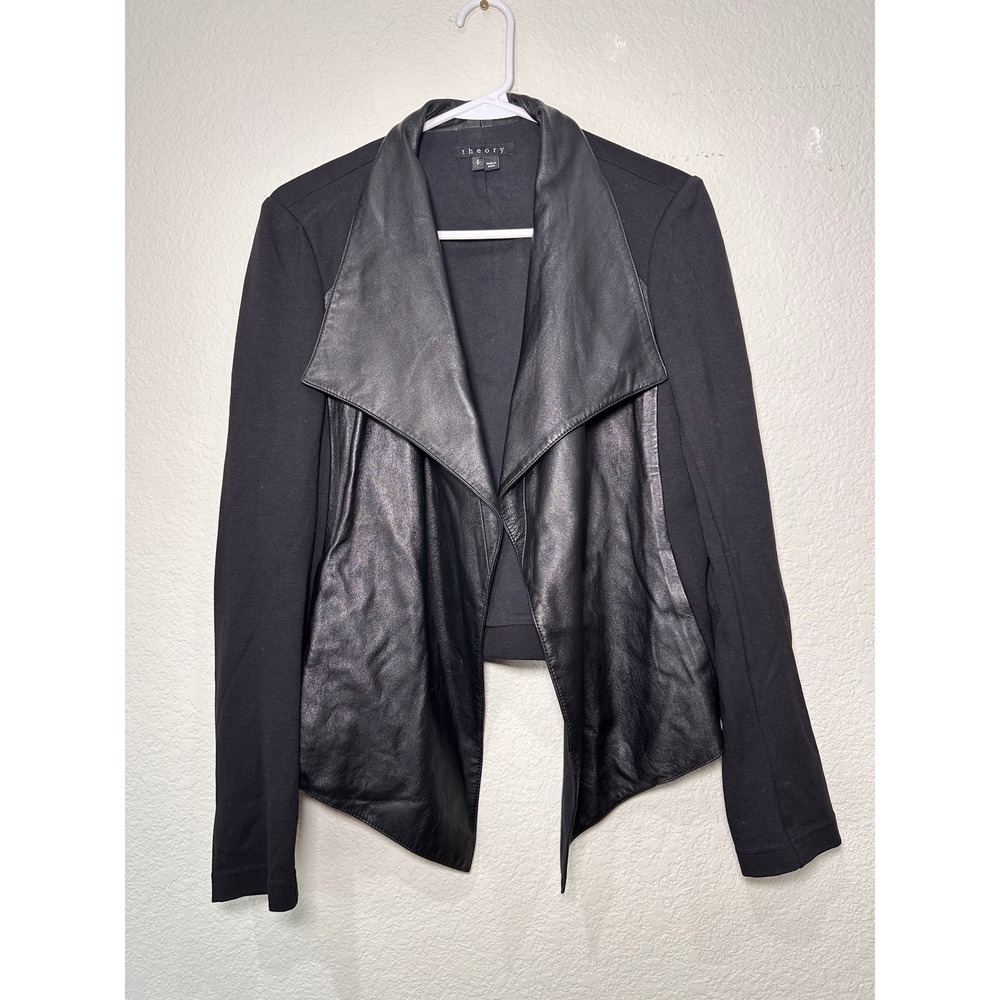 Theory Black Leather & Knit Drape Front Waterfall Jacket Women's Size S/P